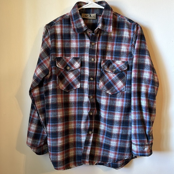 Fall Flannel Boys 16/18 Large Red Blue White plaid button down up medium weight - Picture 2 of 7